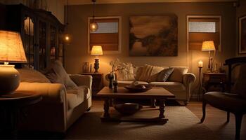 Luxus Leben Zimmer mit elegant Beleuchtung Design generiert durch ai foto