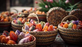 gewebte Korbweide Körbe beschwingt Souvenirs von Natur Geschenke generiert durch ai foto