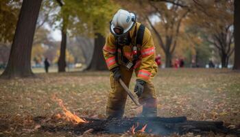 kaukasisch Feuerwehrmann schützt Wald von Herbst Inferno generiert durch ai foto