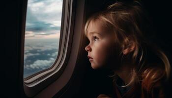 lächelnd Kind Aufpassen Sonnenuntergang im Flugzeug Fenster generiert durch ai foto