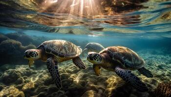 unter Wasser Schönheit rot Meer Schildkröte schwimmt anmutig generiert durch ai foto