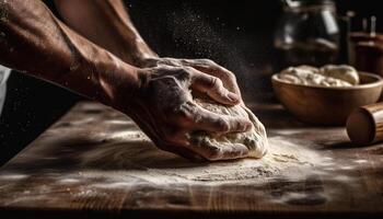schließen oben von Hand kneten frisch hausgemacht Brot generiert durch ai foto