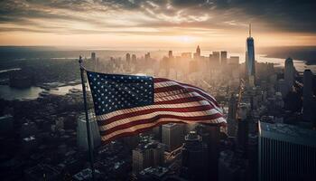 städtisch Horizont feiert Freiheit mit amerikanisch Flagge generiert durch ai foto