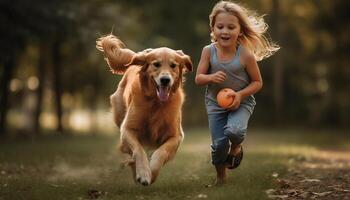 süß Retriever Springen mit Kind im Natur generiert durch ai foto