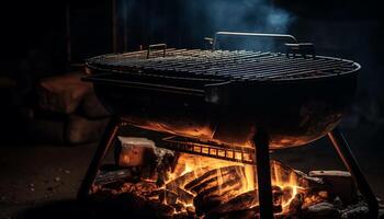 gegrillt Fleisch auf Metall Gitter Über Lagerfeuer generiert durch ai foto