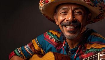 lächelnd Senior Mexikaner Gitarrist Theaterstücke akustisch Gitarre generiert durch ai foto