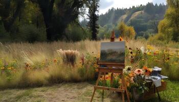 Künstler Farben still Wiese von Wildblumen und Bäume generiert durch ai foto