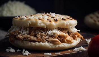 gegrillt Mahlzeit mit hausgemacht Brot und Gemüse generiert durch ai foto