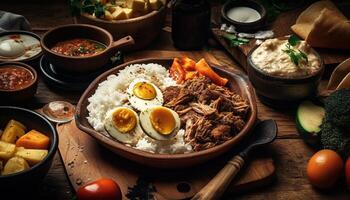 Bohnenkraut Fleisch Gericht mit frisch Guacamole Soße generiert durch ai foto