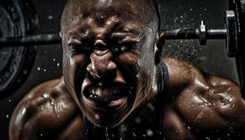 muskulös Männer Schrei, Schwitzen, ausüben mit Entschlossenheit generiert durch ai foto
