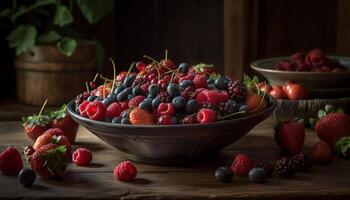 gesund Beeren auf rustikal Tisch, perfekt Sommer- behandeln generiert durch ai foto