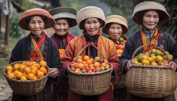 lächelnd Frauen im traditionell Kleidung Ernte Obst generiert durch ai foto