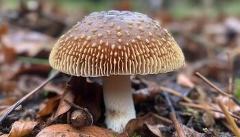 schließen oben von giftig fliegen Agaric Pilz Wachstum generiert durch ai foto