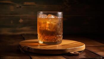 Whiskey auf Holz, Eis schmilzt schleppend Prost generiert durch ai foto