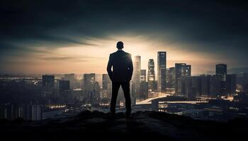 Stadt Geschäftsmann Stehen auf Wolkenkratzer, zurück zündete Silhouette generiert durch ai foto