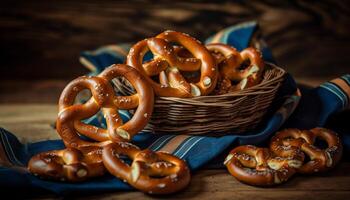 gesalzen Brezeln gestapelt hoch, perfekt Oktoberfest behandeln generiert durch ai foto