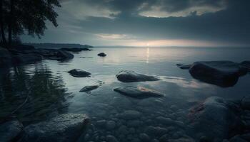 Einsamkeit im Natur still Sonnenuntergang Über Wasser generiert durch ai foto