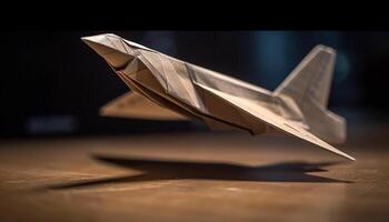 Origami Papier Flugzeug Spielzeug fliegend mit Phantasie generiert durch ai foto