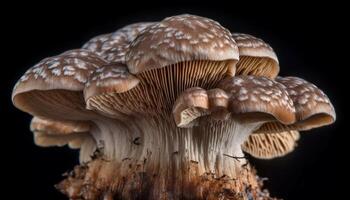 giftig fliegen Agaric Pilz auf schwarz Hintergrund generiert durch ai foto