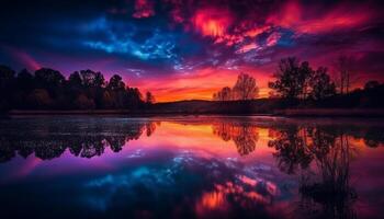 Sonnenuntergang Über still Teich, reflektieren beschwingt Farben generiert durch ai foto