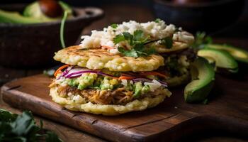 gegrillt Fleisch, frisch Gemüse, Guacamole, hausgemacht Soße generiert durch ai foto