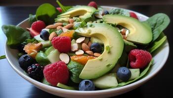 gesund Salat Schüssel mit frisch Obst und Gemüse generiert durch ai foto