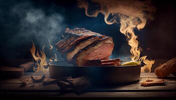 gegrillt Schweinefleisch Steak auf rustikal Picknick Tabelle generiert durch ai foto