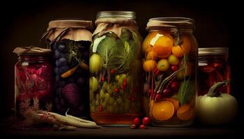 frisch gepflückt eingelegt Gemüse im Glas Krug generiert durch ai foto