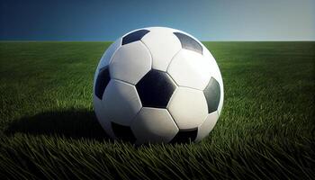 Fußball Ball im Scheinwerfer auf Grün Rasen generiert durch ai foto