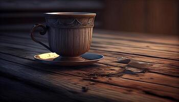 rustikal Keramik Schüssel hält heiß Kaffee Becher generiert durch ai foto