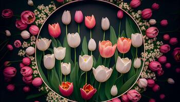 Tulpe Strauß im Natur, Rosa und lila Blütenblätter generiert durch ai foto