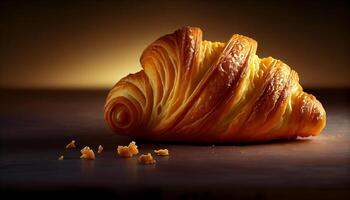 gebacken Croissant auf hölzern Tisch, Französisch Gourmet Snack generiert durch ai foto