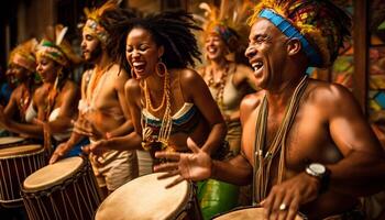 lächelnd Musiker abspielen Schlagzeug beim ein kulturell Festival generiert durch ai foto