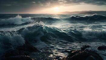 Sonne Einbrüche, Wellen Absturz, Natur Finale Show generiert durch ai foto