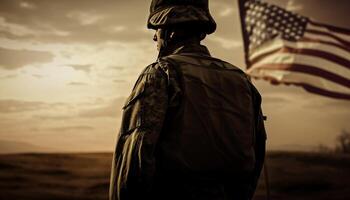 Stehen Heer Soldat grüßt amerikanisch Flagge beim Sonnenuntergang generiert durch ai foto