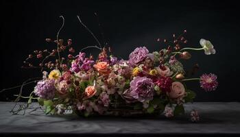 romantisch Strauß schmückt hölzern Tabelle zum Hochzeit Feier generiert durch ai foto