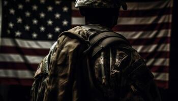 einer patriotisch Soldat grüßt das amerikanisch Flagge generiert durch ai foto