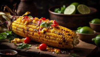 gegrillt Vegetarier Mahlzeit auf hölzern rustikal Tabelle generiert durch ai foto