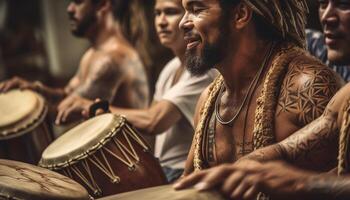 jung Musiker abspielen traditionell Schlagzeug mit Freude generiert durch ai foto