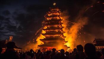 Laternen erleuchten das uralt Pagode beim Dämmerung generiert durch ai foto