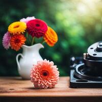 schließen oben bunt Blume Strauß auf retro Jahrgang Holz Tisch, erstellt mit generativ ai Technologie foto