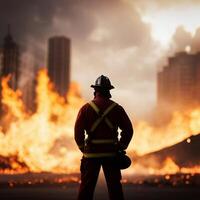 von hinten beleuchtet von ein Feuerwehrmann mit Feuer Hintergrund, erstellt mit generativ ai Technologie foto