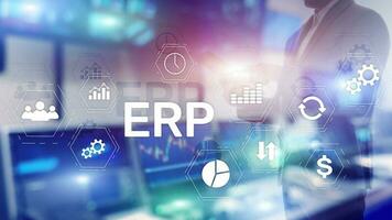 ERP-System, Enterprise Resource Planning auf unscharfem Hintergrund. Geschäftsautomatisierungs- und Innovationskonzept. foto