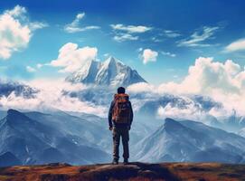 ein Mann Stehen auf Felsen auf ein Berg mit Blick auf das Wolken. Illustration ai generativ foto