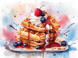 Waffel Teller mit Beeren. Illustration ai generativ foto