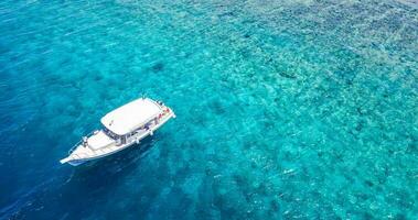 Strand und Kristall klar Lagune mit Weiß Boot. Türkis Wasser Hintergrund oben Sicht. Sommer- Seelandschaft von Luft. oben Aussicht von Drohne. Sommer- Ferien und Reise im Luxus exotisch Ziel. Paradies foto