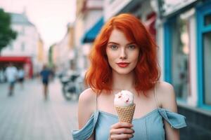 Mädchen mit Eis Creme. Illustration ai generativ foto