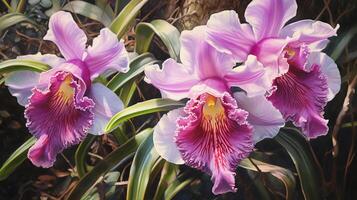 Cattleya Mauer Kunst, Cattleya Orchidee im tropisch Garten Segeltuch Mauer Kunst zum Leben Zimmer Gemälde Zuhause Dekor modern Kunstwerk gedehnt und gerahmt Leinwand, ai generiert foto