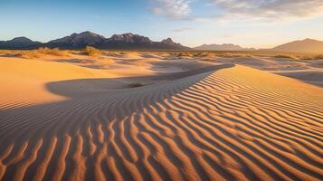 Natur Fotografie, Sonnenaufgang, niedrig zu das Boden, Wind gefegt Sand Dünen, Sand Wellen, schrubben Bürste, lange leuchtend Schatten, Berg Angebot im das Distanz, Foto, filmisch Beleuchtung, ai generiert foto