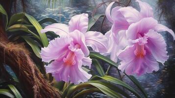 Cattleya Mauer Kunst, Cattleya Orchidee im tropisch Garten Segeltuch Mauer Kunst zum Leben Zimmer Gemälde Zuhause Dekor modern Kunstwerk gedehnt und gerahmt Leinwand, ai generiert foto